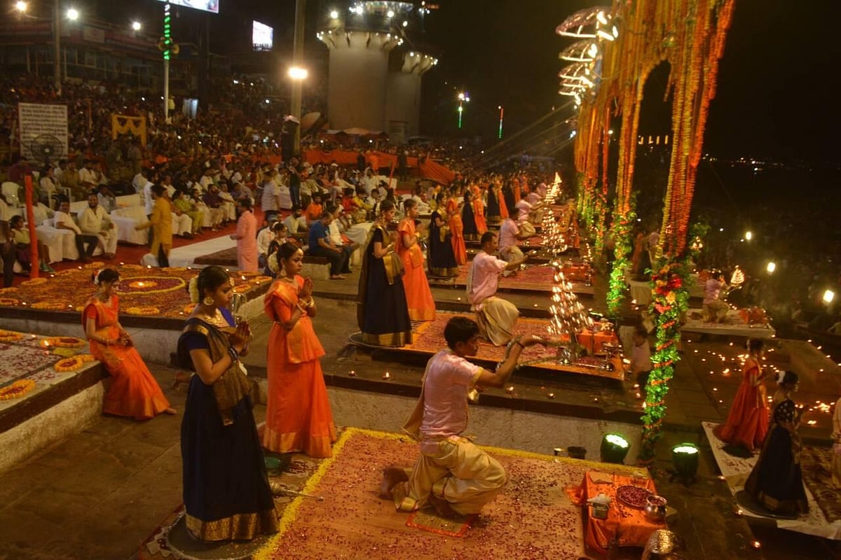 A group of people doing Ganga arti in Varanasi 