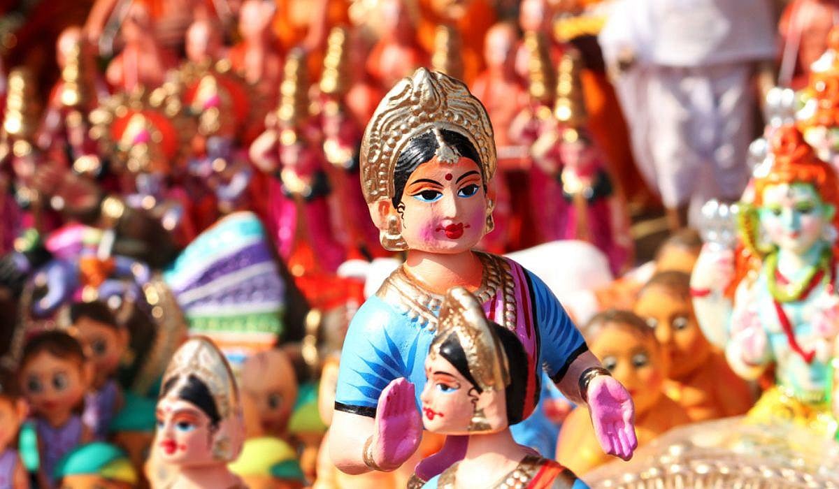 A decorated durga mata featuring various durga mata idols