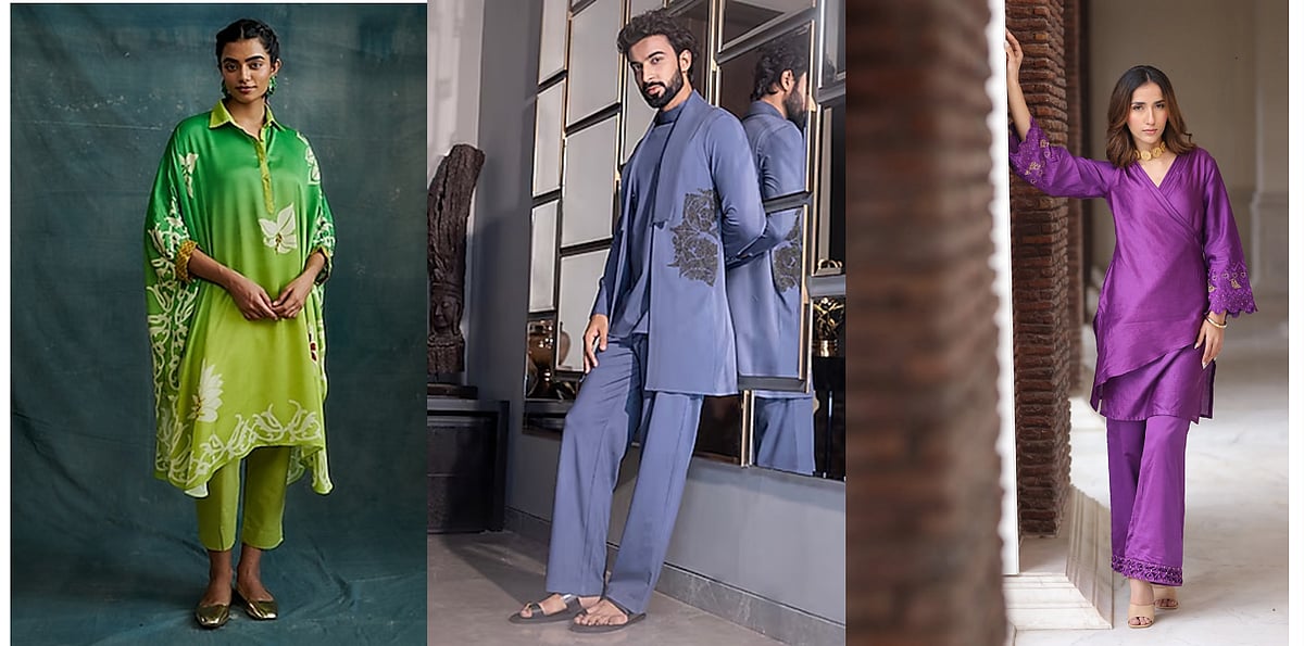 Three models wearing androgynous outfit in green, blue, and purple.