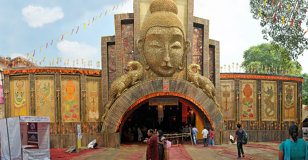 Durga puja pandal with intricate thematic decorations.