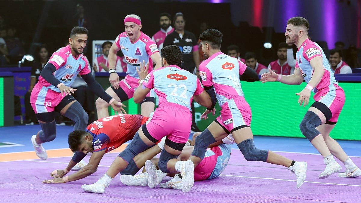 Pro Kabaddi : Action from the Jaipur Pink Panthers vs UP Yoddhas, Pro Kabaddi League 2025 game in Jaipur.
