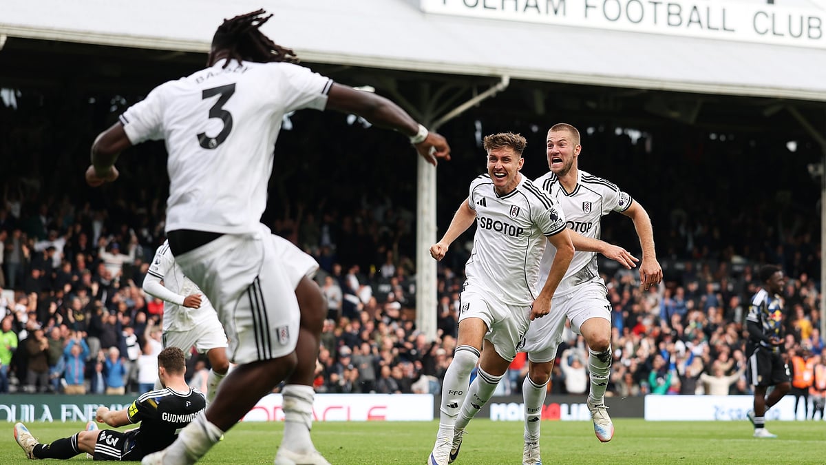 Fulham celebrate their late win over Leeds United.