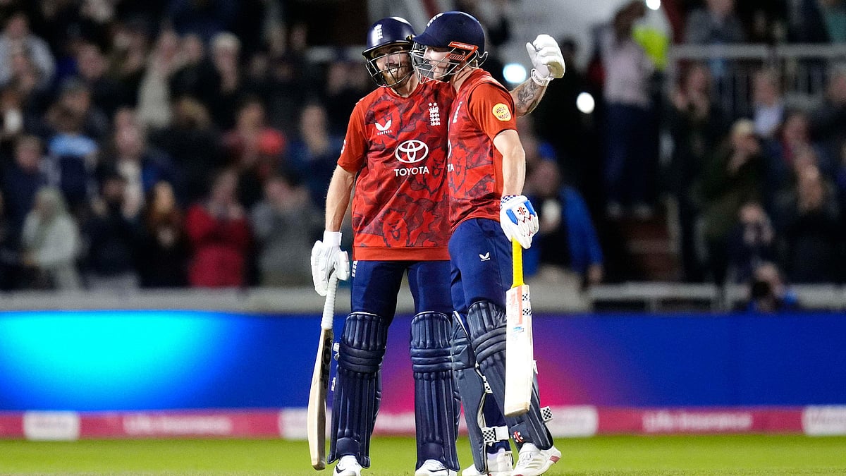 | Photo: AP/Nick Potts : England's Phil Salt, left, and Harry Brook celebrate after finishing the first innings on 304 runs against South Africa during the second International T20 Match at Emirates Old Trafford in Manchester, England, Friday, Sept. 12, 2025.