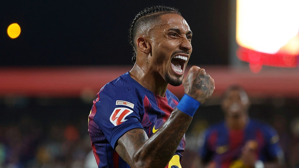 Photo: AP : FC Barcelona Vs Valencia Live Score, La Liga Updates: Raphinha celebrates his second goal.