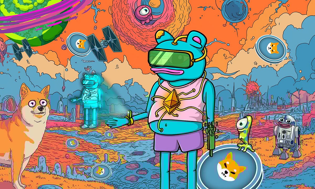 VR frog, Doge coins, aliens, spaceships, and robots in a colorful sci-fi fantasy world