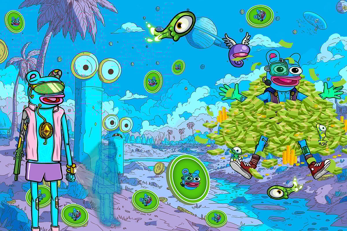 Frog with Ethereum, flying coins, aliens, and another frog buried in stacks of money.