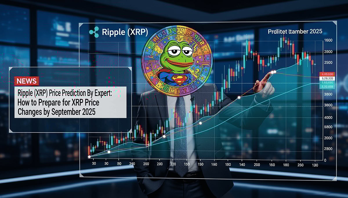 Ripple (XRP) price prediction chart with news headline and cartoon frog graphic.