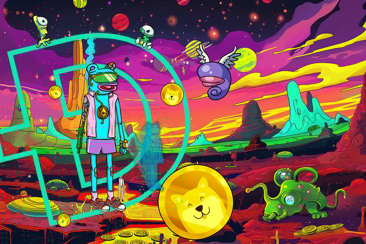 Cartoon illustration of Dogecoin & Layer Brett logos