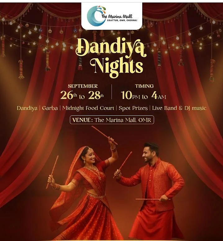 Dandiya Nights poster at Marina Mall, Chennai from Sept 26–28, 10 PM to 4 AM