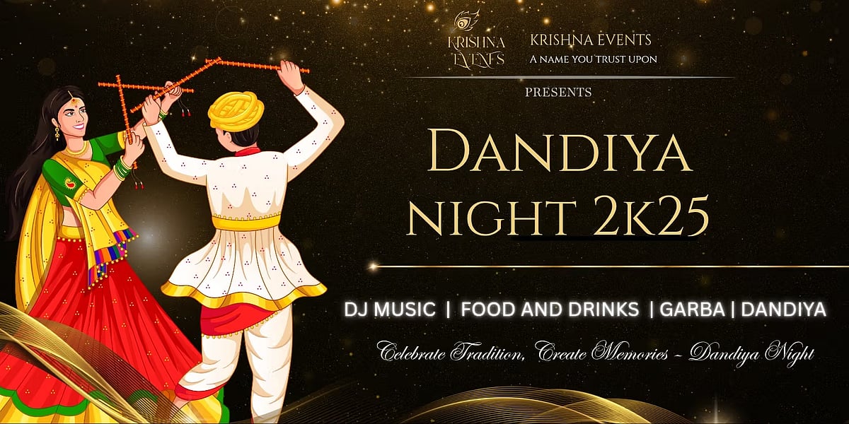 Dandiya Night 2025 at Heera Garden poster with dancer and event details.