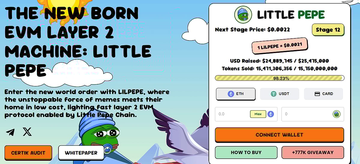 A screen displaying a webpage ad for the Little Pepe cryptocurrency, highlighting its features
