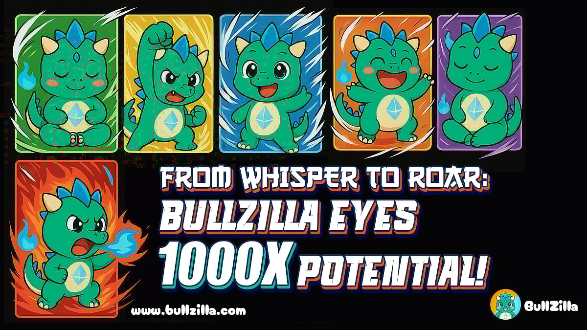 Cartoon dinosaur, BullZilla, with text From Whisper To Roar: BULLZILLA EYES 1000X POENTIAL.