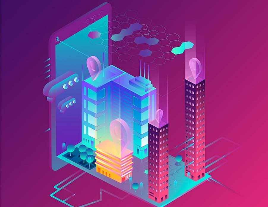 Futuristic smart city with GPS markers emerging from a mobile device