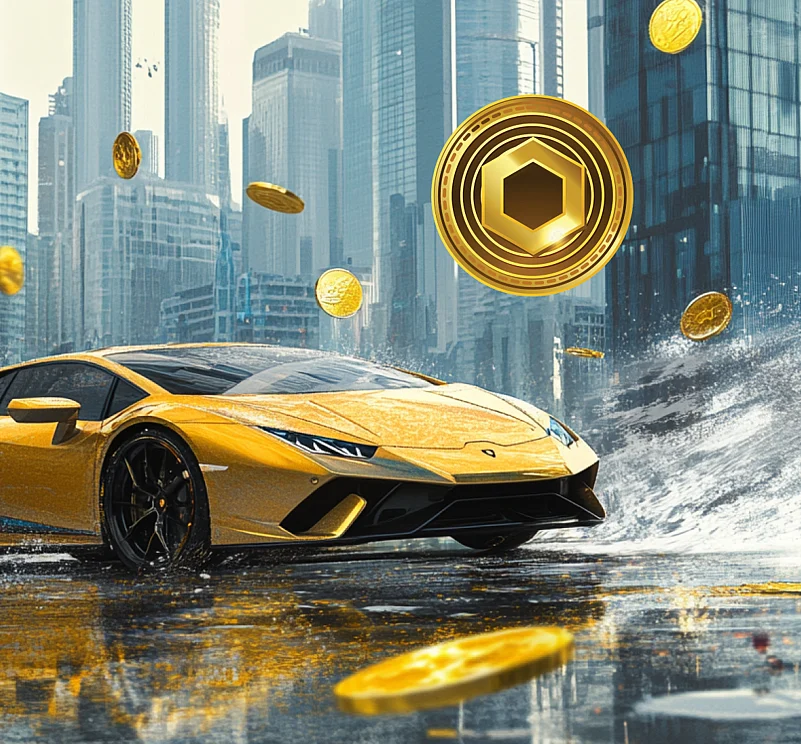 Gold car in city with coins raining