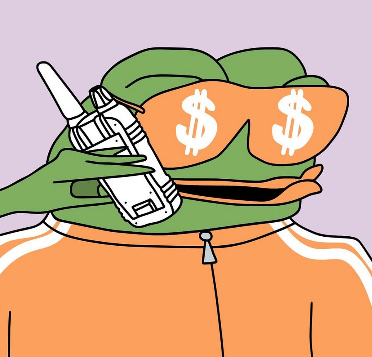 Cartoon frog in orange outfit with dollar sign glasses holding a walkie-talkie