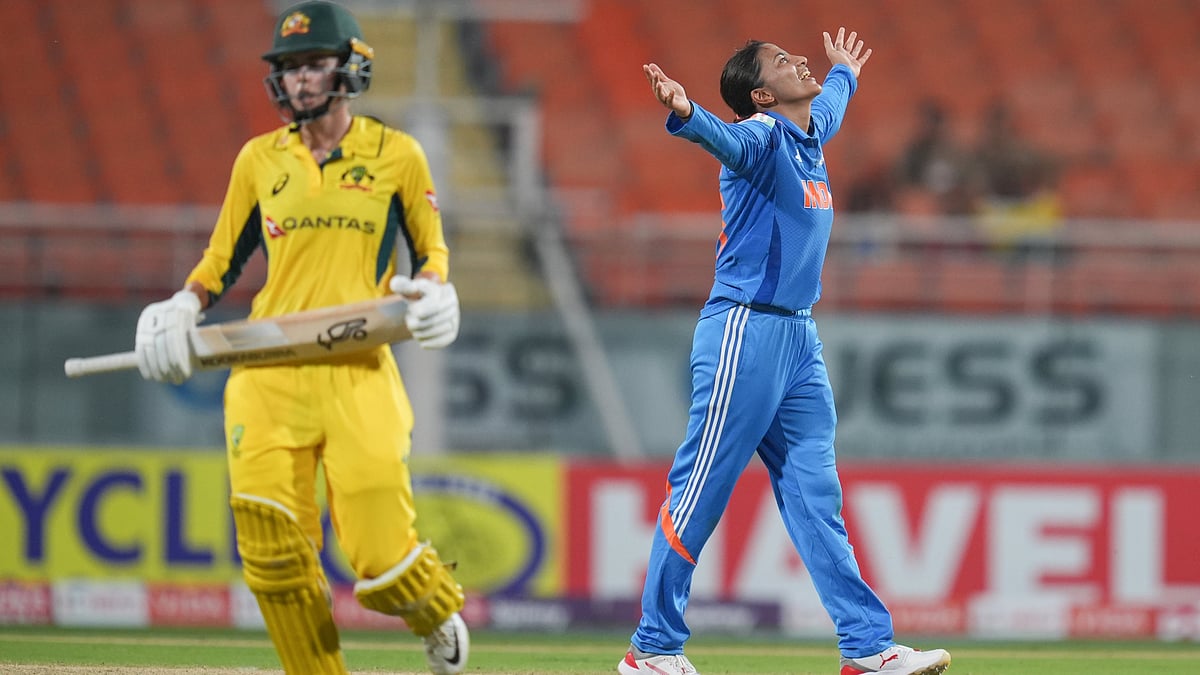 | Photo: X/BCCIWomen : Sneh Rana in action in the first India vs Australia, women's ODI match in Mullanpur.