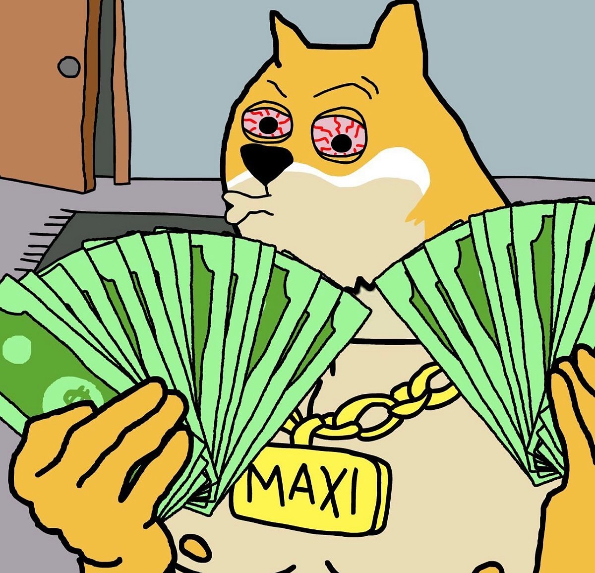 Cartoon Doge in a gold chain holding stacks of cash with red eyes