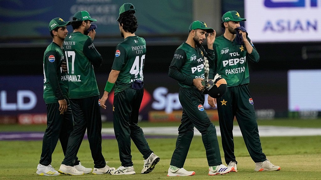 Pakistan players react after their loss in the Asia Cup cricket match against India at Dubai International Cricket Stadium in Dubai, United Arab Emirates, Sunday. - AP
