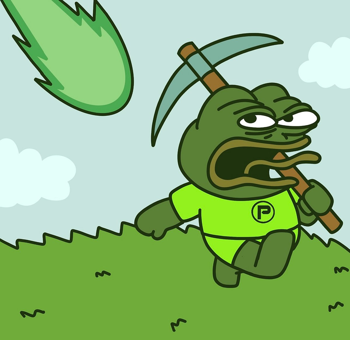 A cartoon frog-like character dressed as a miner and holding a pickaxe
