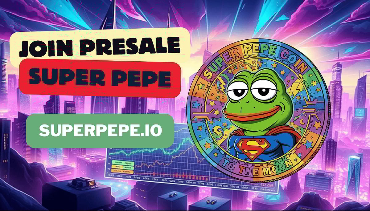 Promotional graphic showing Super Pepe coin with text Join Presale and website link