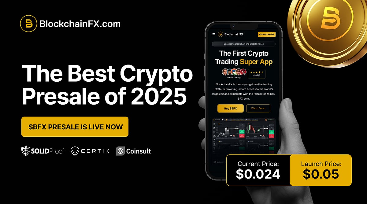 Banner promoting BFX as the best crypto presale of 2025 with app preview.