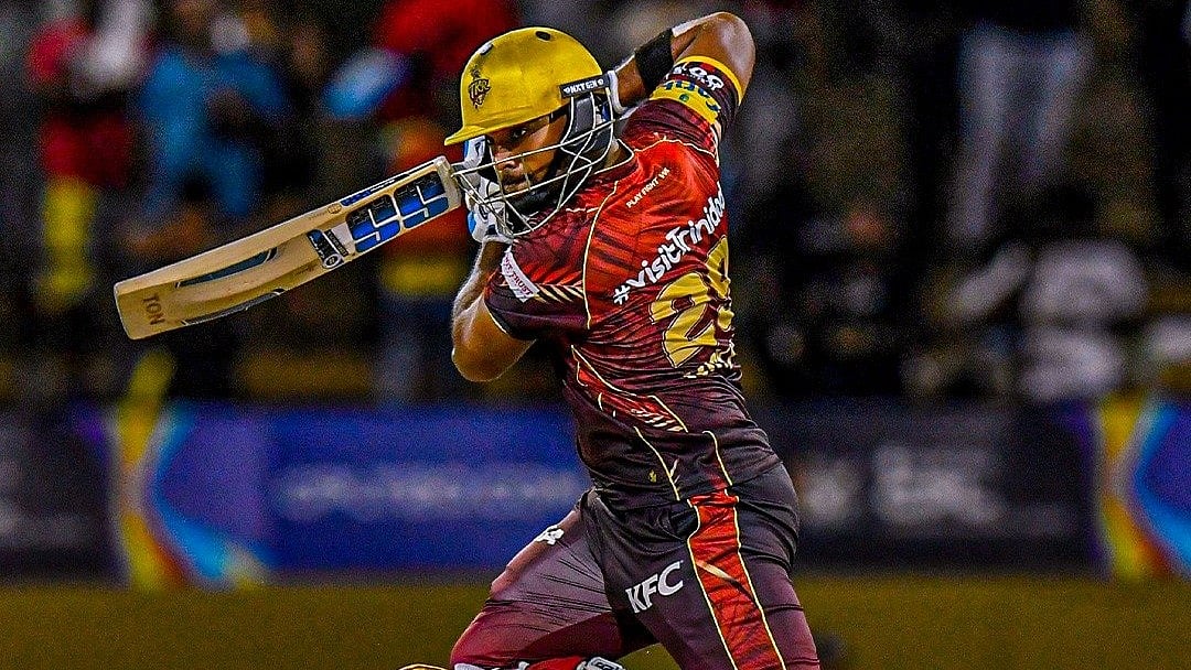 | Photo: X/TKRiders : Trinbago Knight Riders' Nicholas Pooran in action against Antigua and Barbuda Falcons.