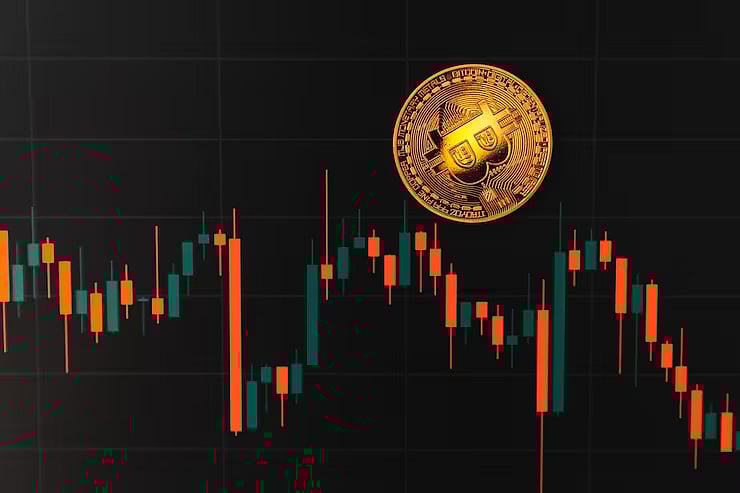 A shiny, gold Bitcoin coin floating above a red and blue candlestick chart