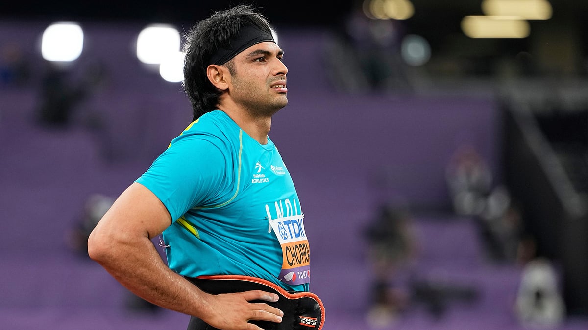 | Photo: AP/Ashley Landis : India's Neeraj Chopra reacts in the men's javelin throw qualification at the World Athletics Championships in Tokyo, Wednesday, Sept. 17, 2025.