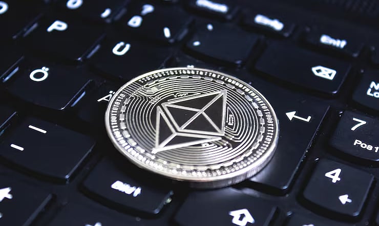 Ethereum logo on a computer keyboard.