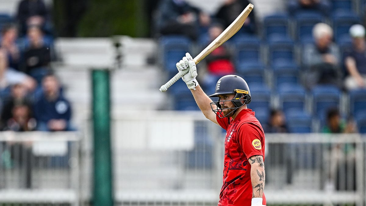England's Phil Salt celebrates his half-century against Ireland.