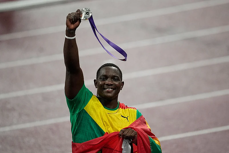 Grenadas Anderson Peters silver medalist celebrates after the mens javelin throw final