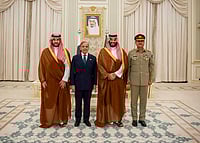 Press Information Department via AP : In this photo released by Pakistan's Press Information Department, Saudi Arabia's Crown Prince Mohammed bin Salman, second right, Saudi Arabia's Defence Minister Khalid bin Salman, left, Pakistan's Prime Minister Shehbaz Sharif, second left, and Pakistan's Army Chief Field Marshal Asim Munir, pose for photographs after signing a mutual defense pact, in Riyadh, Saudi Arabia, Wednesday, Sept. 17, 2025.