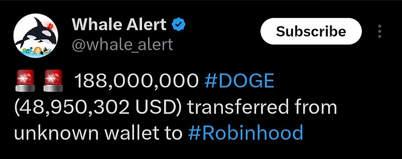 Ehale Alert: 188M Dogecoin Transferred to Robinhood