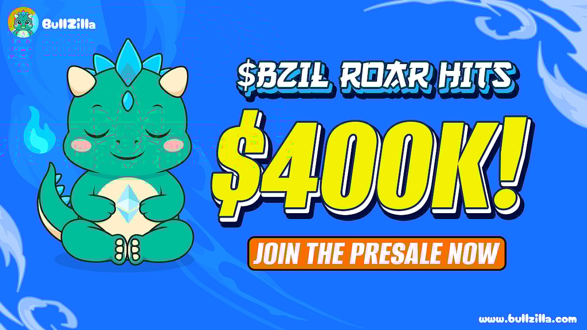 A digital ad with a cartoon bull and text says $BZIL ROAR HITS $400K! JOIN THE PRESALE NOW.