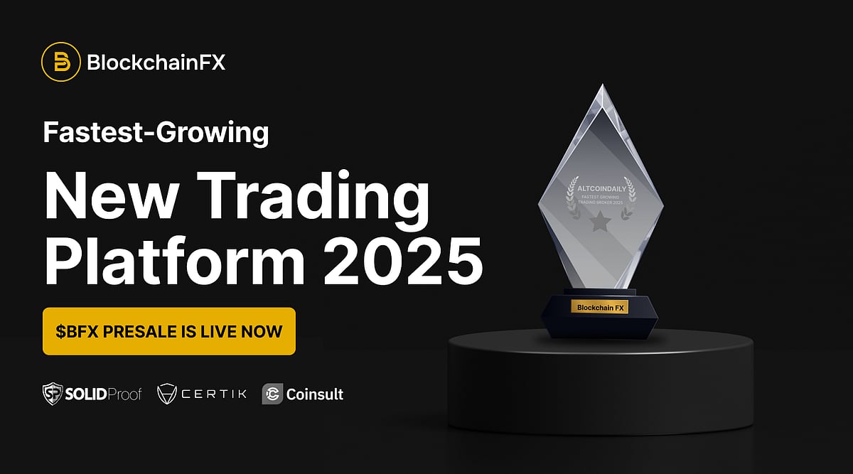 An image for BlockchainFX with a trophy and text that says Fastest-Growing New Trading Platform 2025