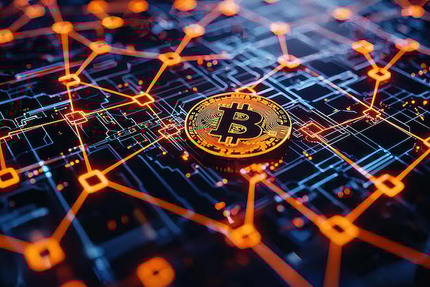 A bitcoin symbol on a blockchain- like background