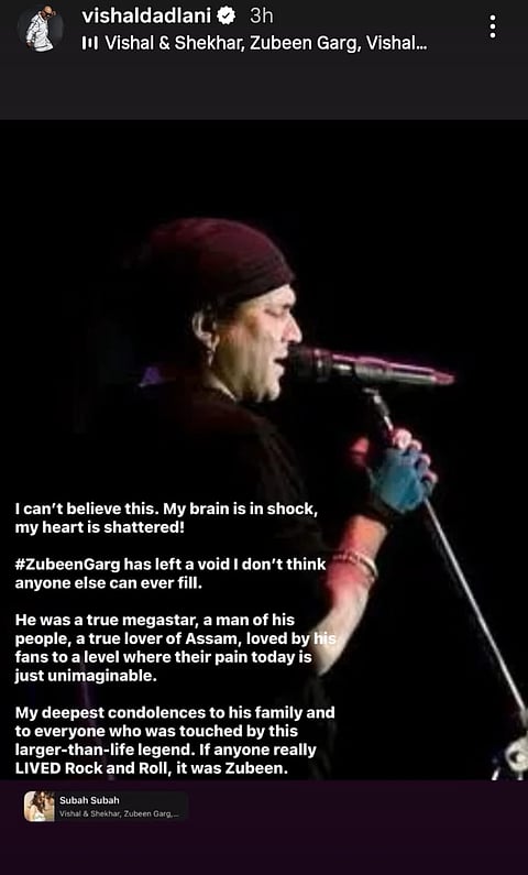 Vishal Dadlani's post for Zubeen Garg
