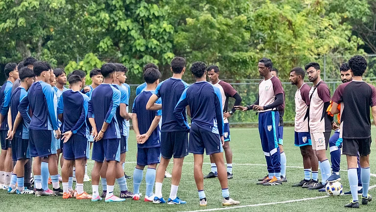 The India U17 football team in training with coach Bibiano Fernandes ahead of the SAFF U17 Championship 2025 match against Bhutan. - | Photo: X/IndianFootball