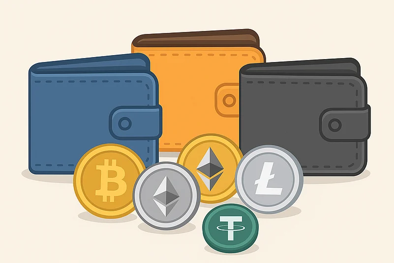 Illustration of crypto wallets with Bitcoin, Ethereum, Litecoin, and Tether coins in front