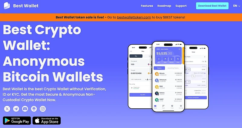 Promotional banner for Best Wallet app showing Best Crypto Wallet: Anonymous Bitcoin Wallets text