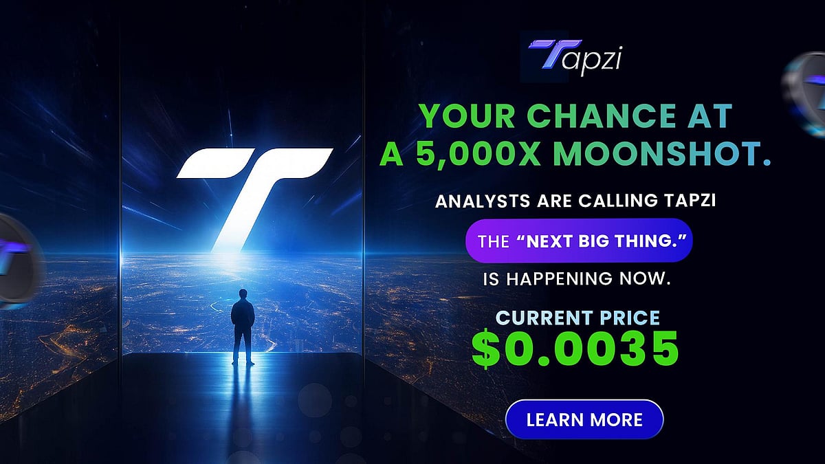 Crypto ad showing Tapzi logo with text promoting a 5000x moonshot and current price $0.0035.