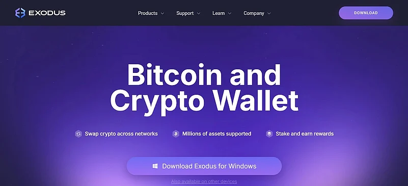 Exodus homepage showcasing Bitcoin and crypto wallet with swap, staking, and multi-asset support