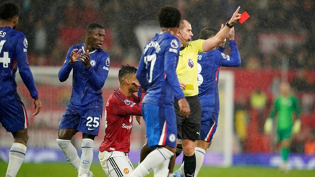 Photo: AP : Manchester United Vs Chelsea Highlights, English Premier League: Casemiro, bottom left, receives a red card at Old Trafford.