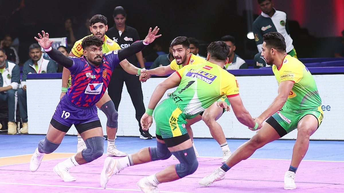 Pro Kabaddi : Action from the Patna Pirates vs Dabang Delhi, Pro Kabaddi League 2025 match in Jaipur.