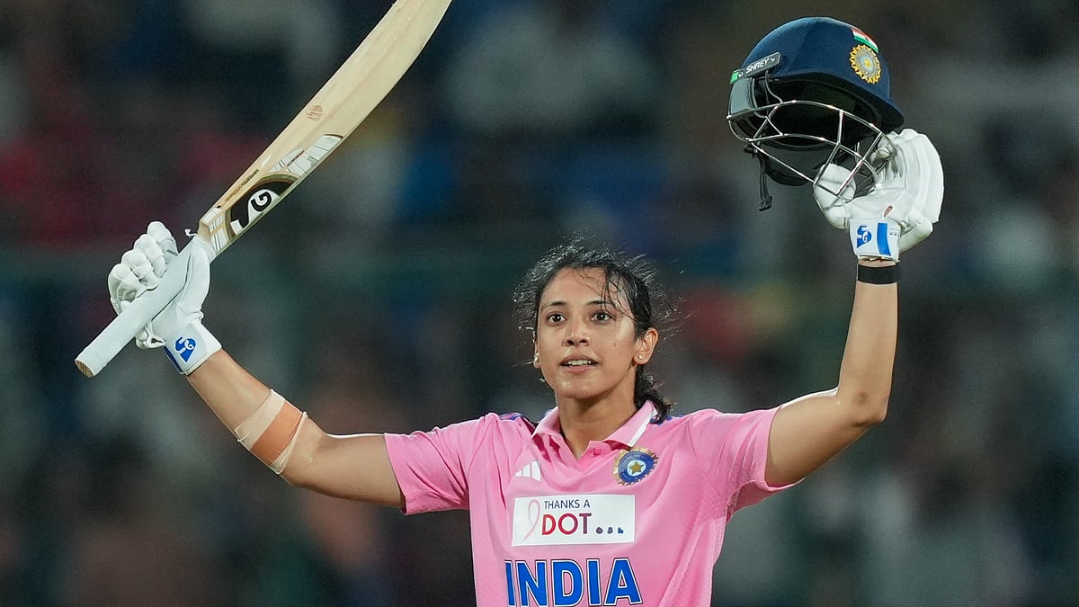  (PTI Photo/Atul Yadav) : India's Smriti Mandhana celebrates her century during the third ODI cricket match of a series between India Women and Australia Women, at the Arun Jaitley Stadium, in New Delhi, Saturday, Sept. 20, 2025.