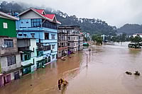 | Photo: PTI : Hard-Hit: Flooding at Muguthang in North Sikkim caused by a sudden cloudburst over Lhonak Lake
