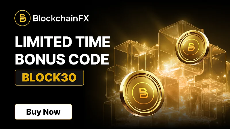 BlockchainFX crypto ad with Limited Time Bonus Code BLOCK30 and BUY Now gold coins