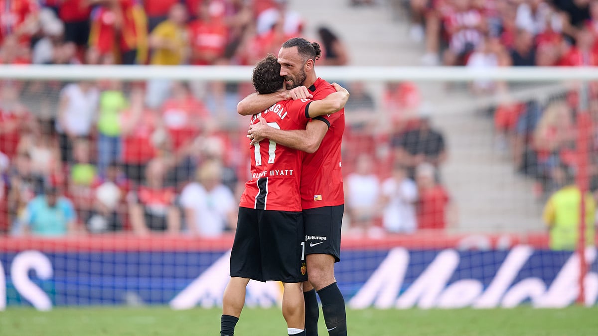 Vedat Muriqi celebrates his goal against Atletico Madrid.
