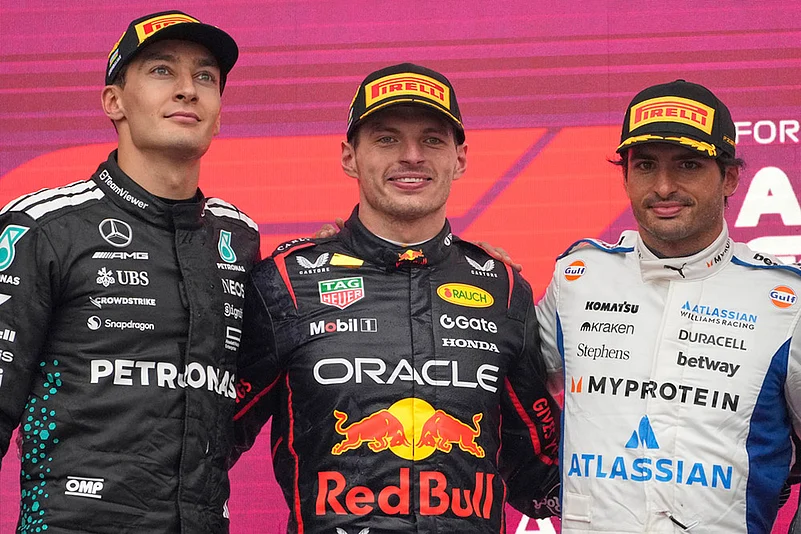 Azerbaijan Formula One Grand Prix Auto race in Baku_George Russell, Max Verstappen, Carlos Sainz
