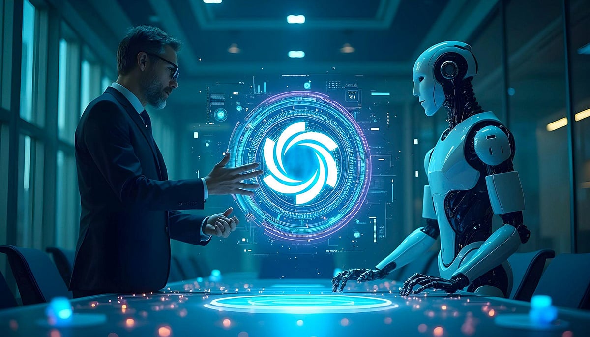 Human and robot reaching for a glowing blue core in a futuristic, digital setting.